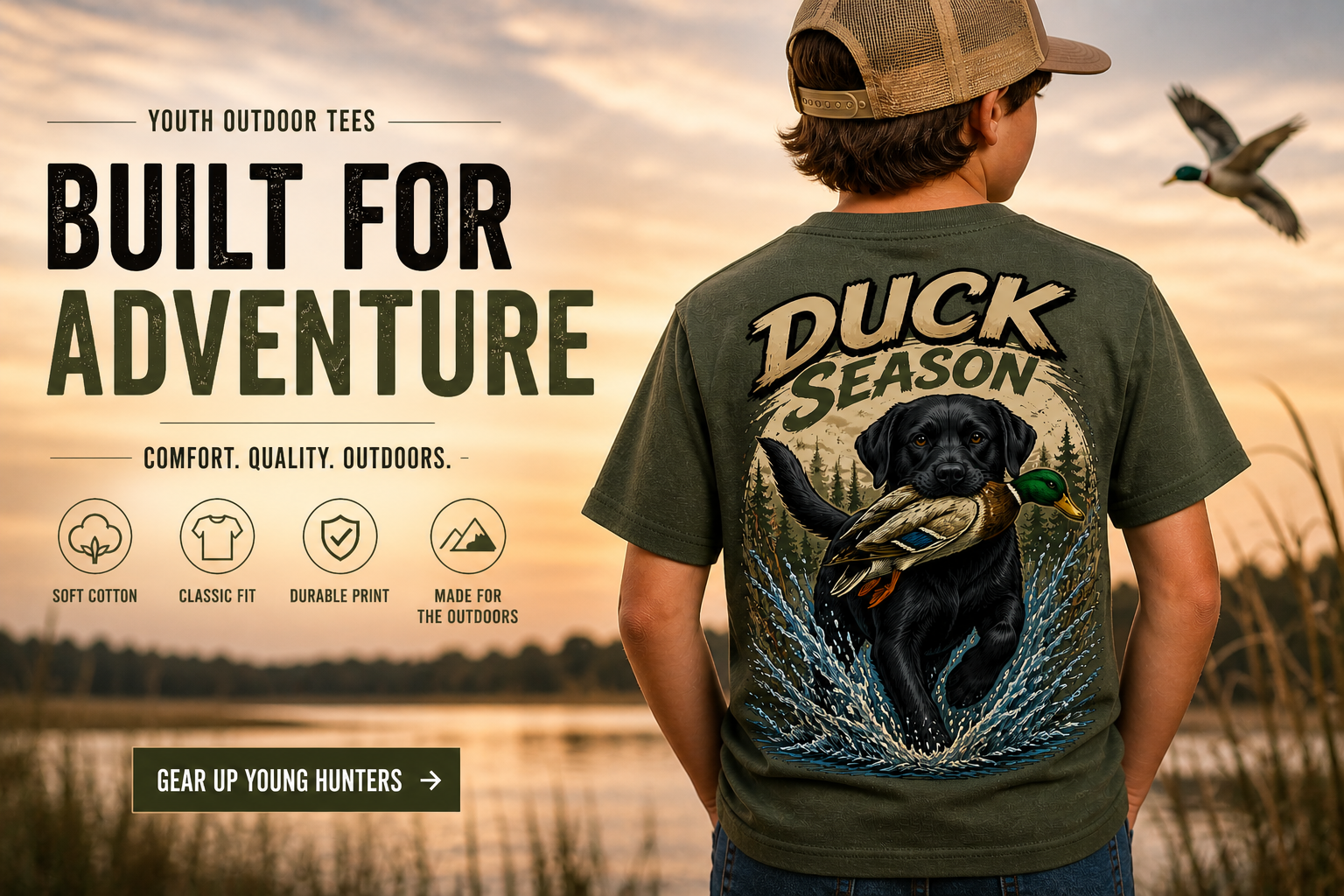 Duck Season Youth T-Shirt | Black Lab Retriever Hunting Tee